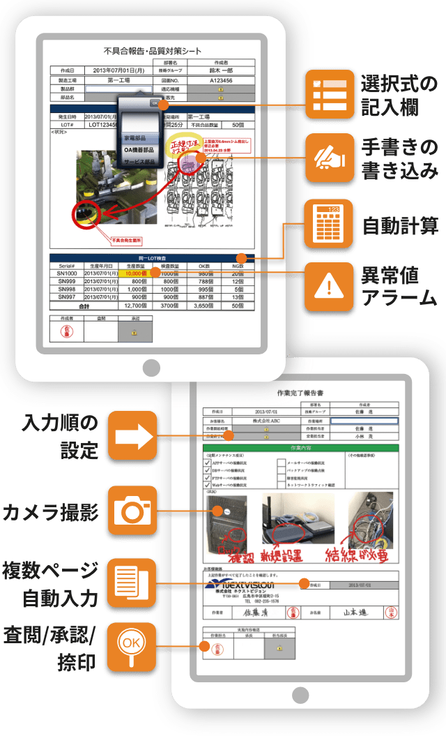 入力補助機能について説明します。選択式の記入欄、手書きの書き込み自動計算、異常値のアラーム、入力順の設定、カメラ撮影、複数ページ自動入力、査閲/承認/捺印、などの入力補助機能があります