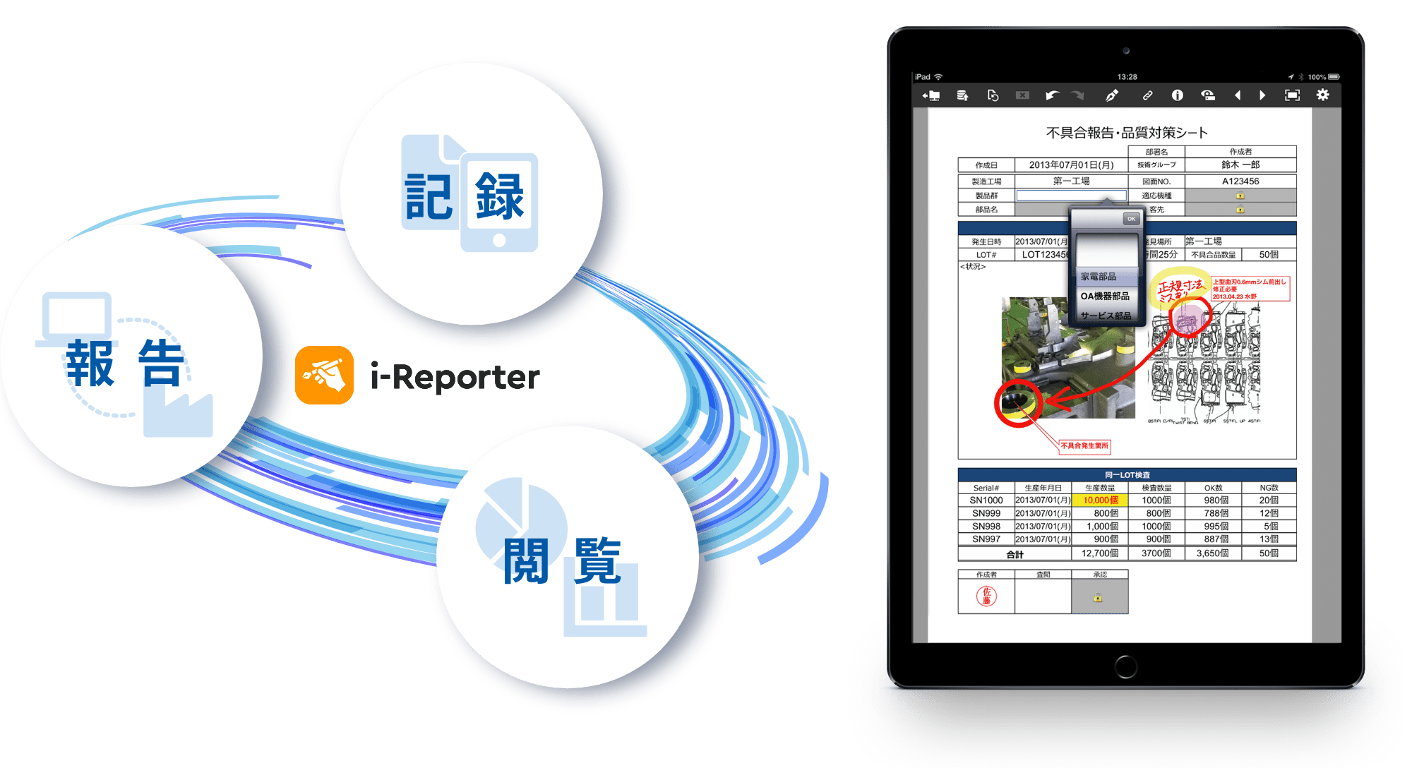 i-Reporterを表示している端末の画像と、i-Reporterの機能のイメージ画像です。